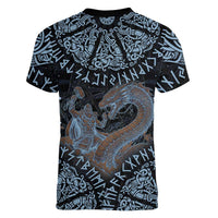 Thor and Jormungandr Norse Mythology Viking Women V-Neck T-Shirt Celtic Knot and Rune Art Style