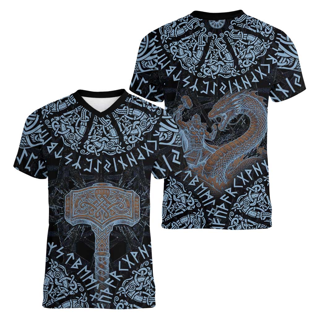Thor and Jormungandr Norse Mythology Viking Women V-Neck T-Shirt Celtic Knot and Rune Art Style