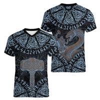 Thor and Jormungandr Norse Mythology Viking Women V-Neck T-Shirt Celtic Knot and Rune Art Style