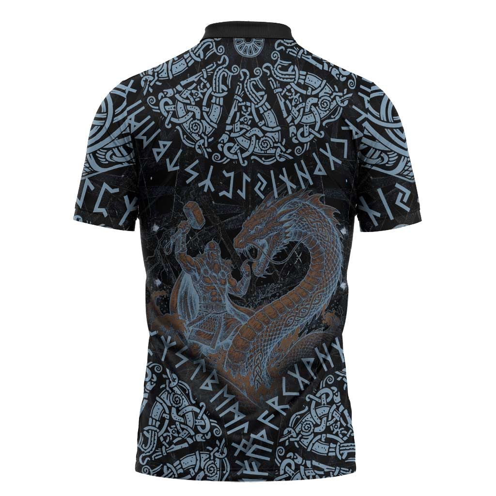 Thor and Jormungandr Norse Mythology Viking Zipper Polo Shirt Celtic Knot and Rune Art Style