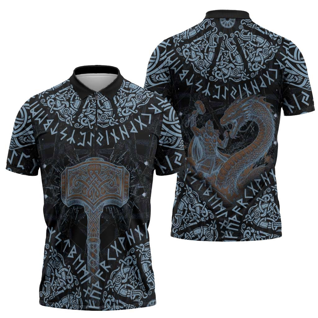 Thor and Jormungandr Norse Mythology Viking Zipper Polo Shirt Celtic Knot and Rune Art Style