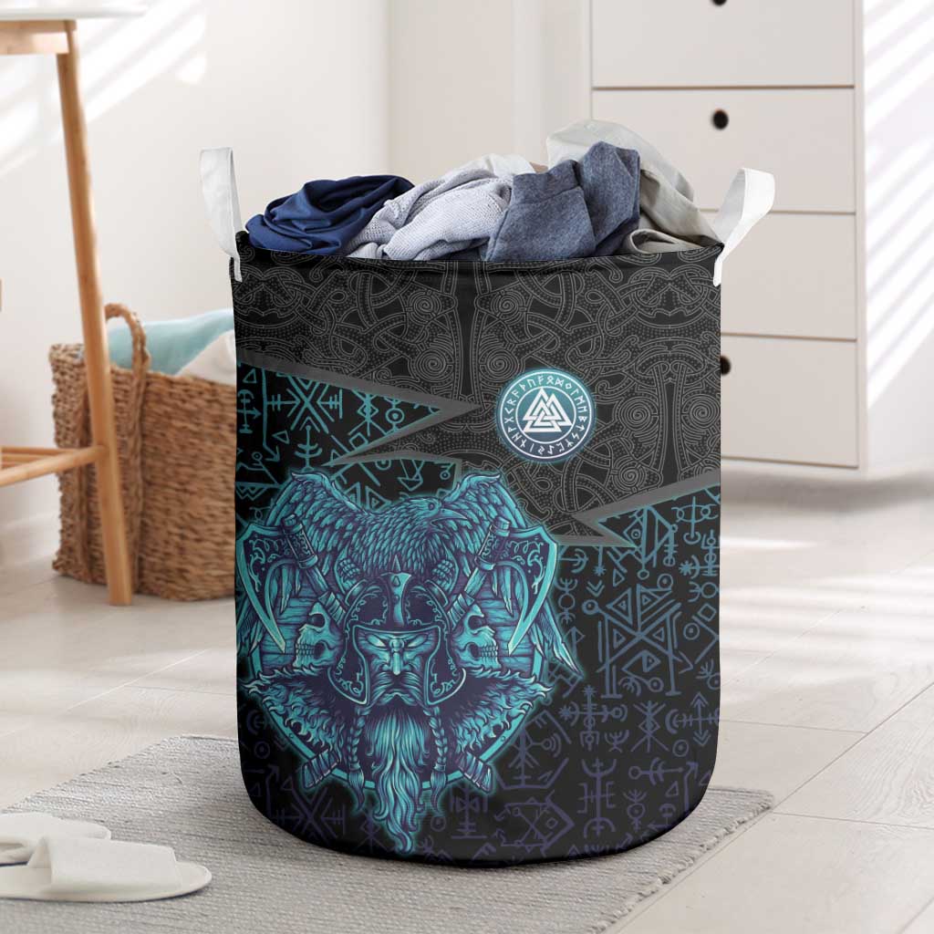Viking Warrior and Raven Norse Mythology Laundry Basket Neon Line Art with Rune Patterns