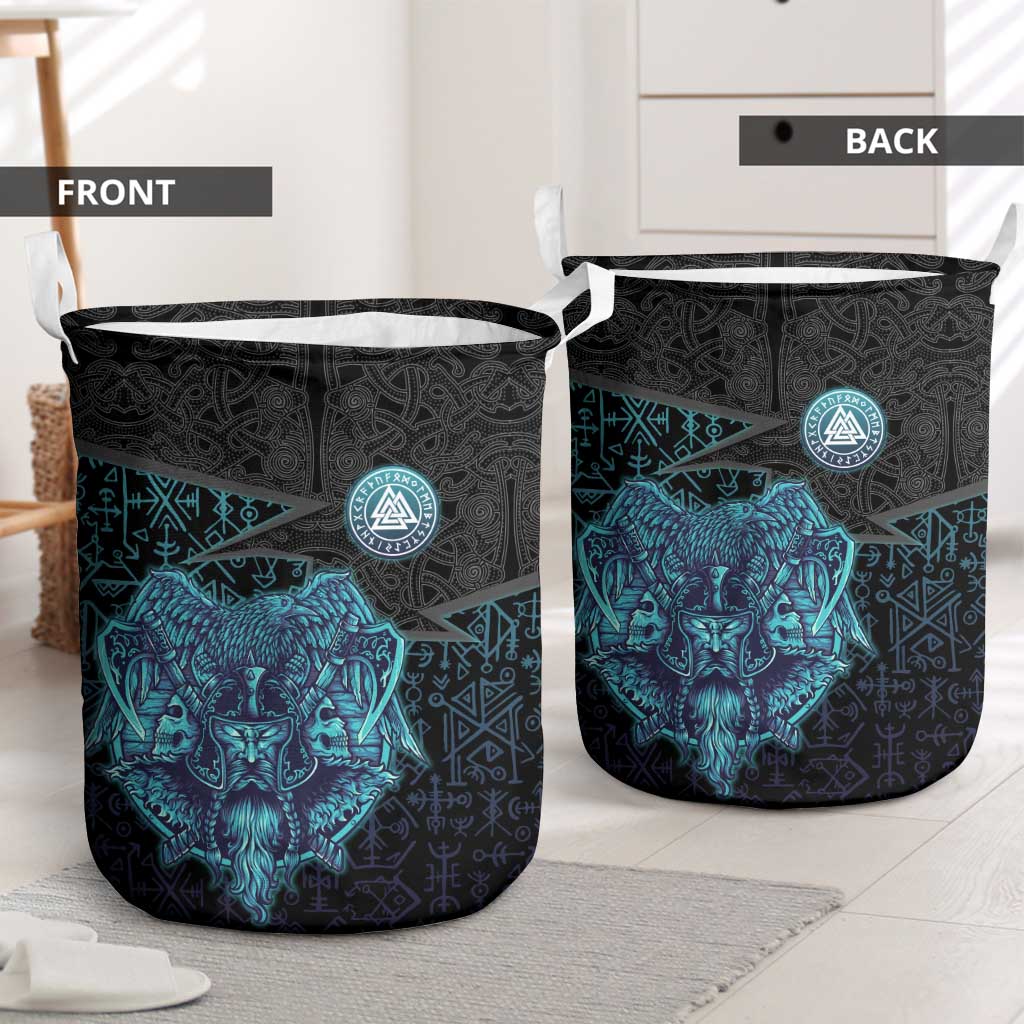 Viking Warrior and Raven Norse Mythology Laundry Basket Neon Line Art with Rune Patterns