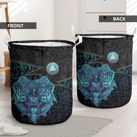 Viking Warrior and Raven Norse Mythology Laundry Basket Neon Line Art with Rune Patterns