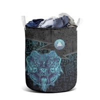 Viking Warrior and Raven Norse Mythology Laundry Basket Neon Line Art with Rune Patterns