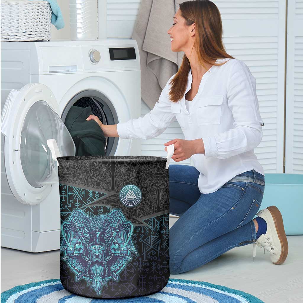 Viking Warrior and Raven Norse Mythology Laundry Basket Neon Line Art with Rune Patterns