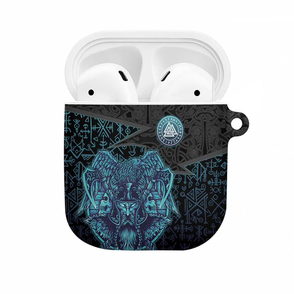 Viking Warrior and Raven Norse Mythology AirPods Case Neon Line Art with Rune Patterns