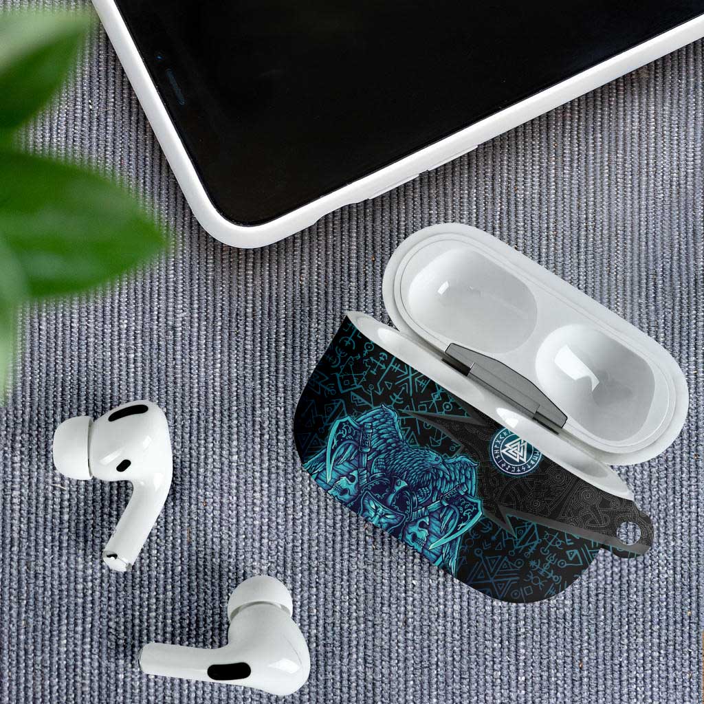 Viking Warrior and Raven Norse Mythology AirPods Case Neon Line Art with Rune Patterns