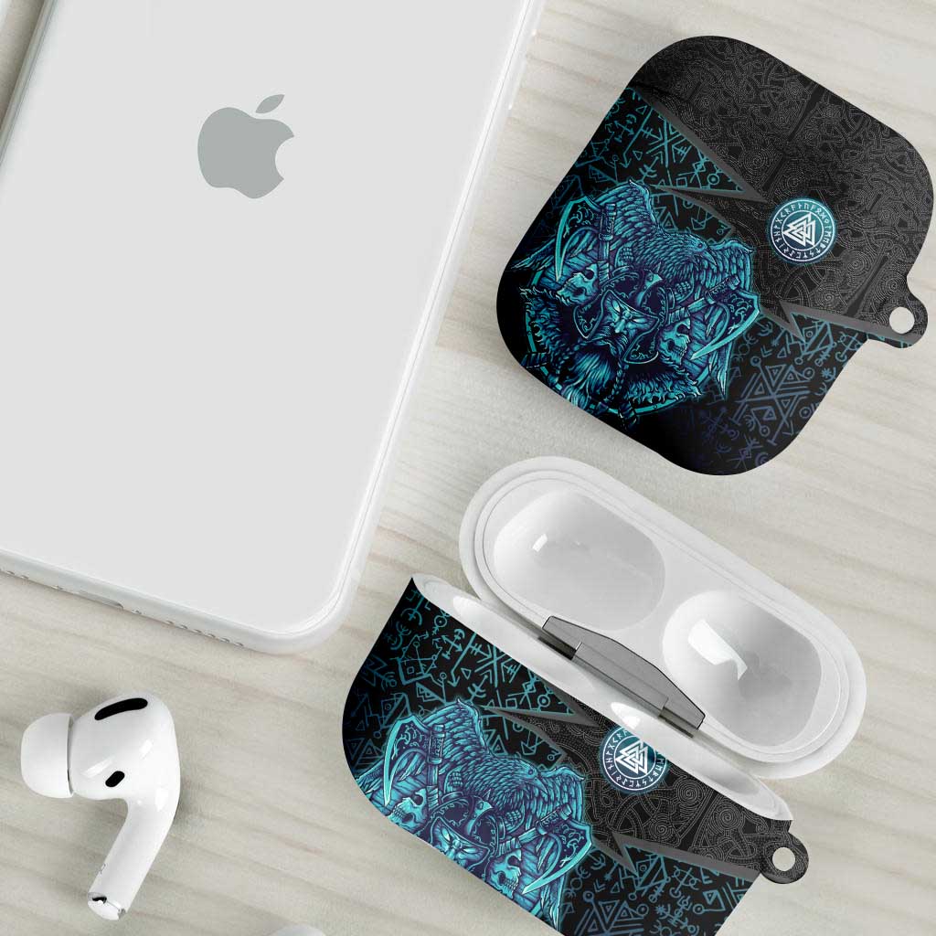 Viking Warrior and Raven Norse Mythology AirPods Case Neon Line Art with Rune Patterns