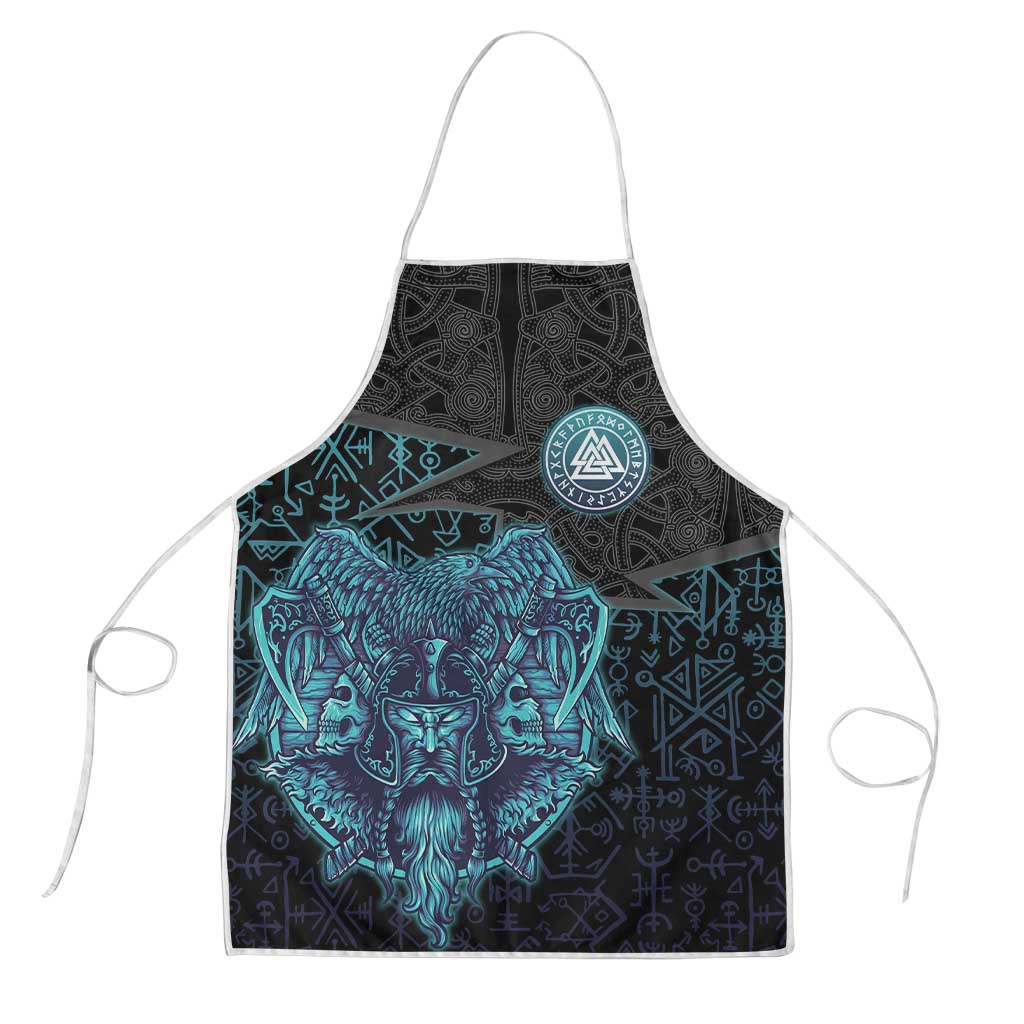 Viking Warrior and Raven Norse Mythology Apron Neon Line Art with Rune Patterns