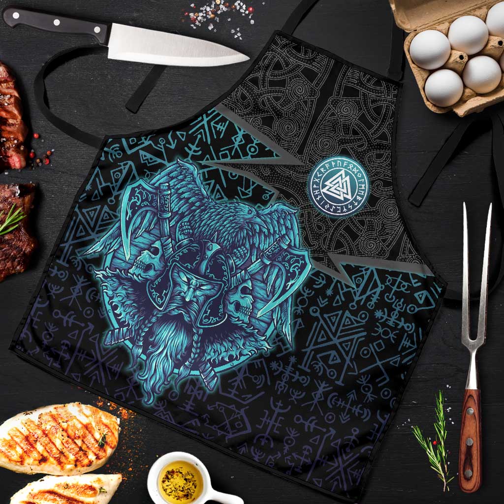 Viking Warrior and Raven Norse Mythology Apron Neon Line Art with Rune Patterns