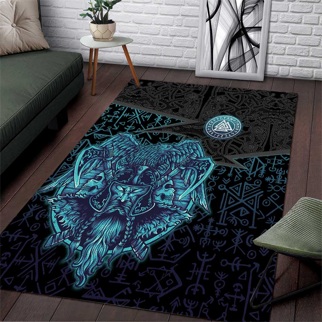 Viking Warrior and Raven Norse Mythology Area Rug Neon Line Art with Rune Patterns