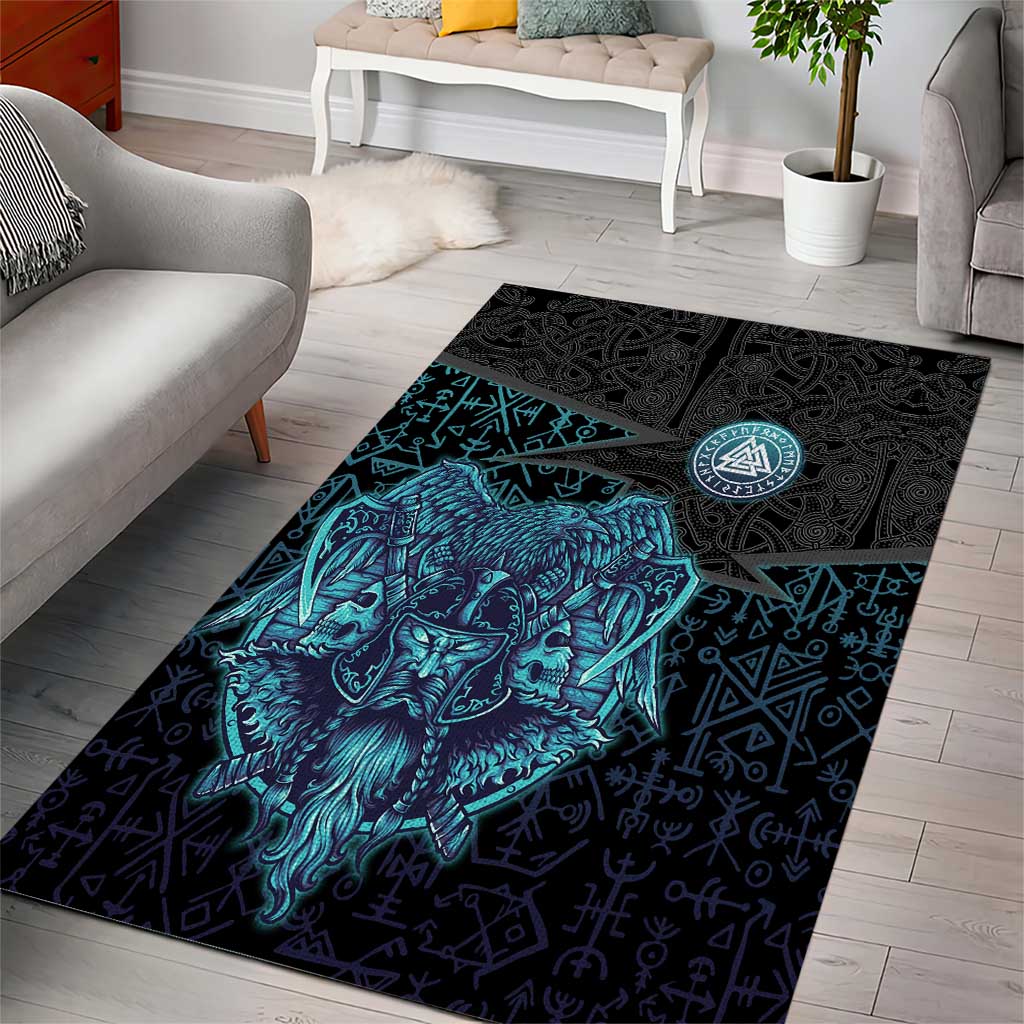 Viking Warrior and Raven Norse Mythology Area Rug Neon Line Art with Rune Patterns