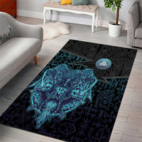 Viking Warrior and Raven Norse Mythology Area Rug Neon Line Art with Rune Patterns