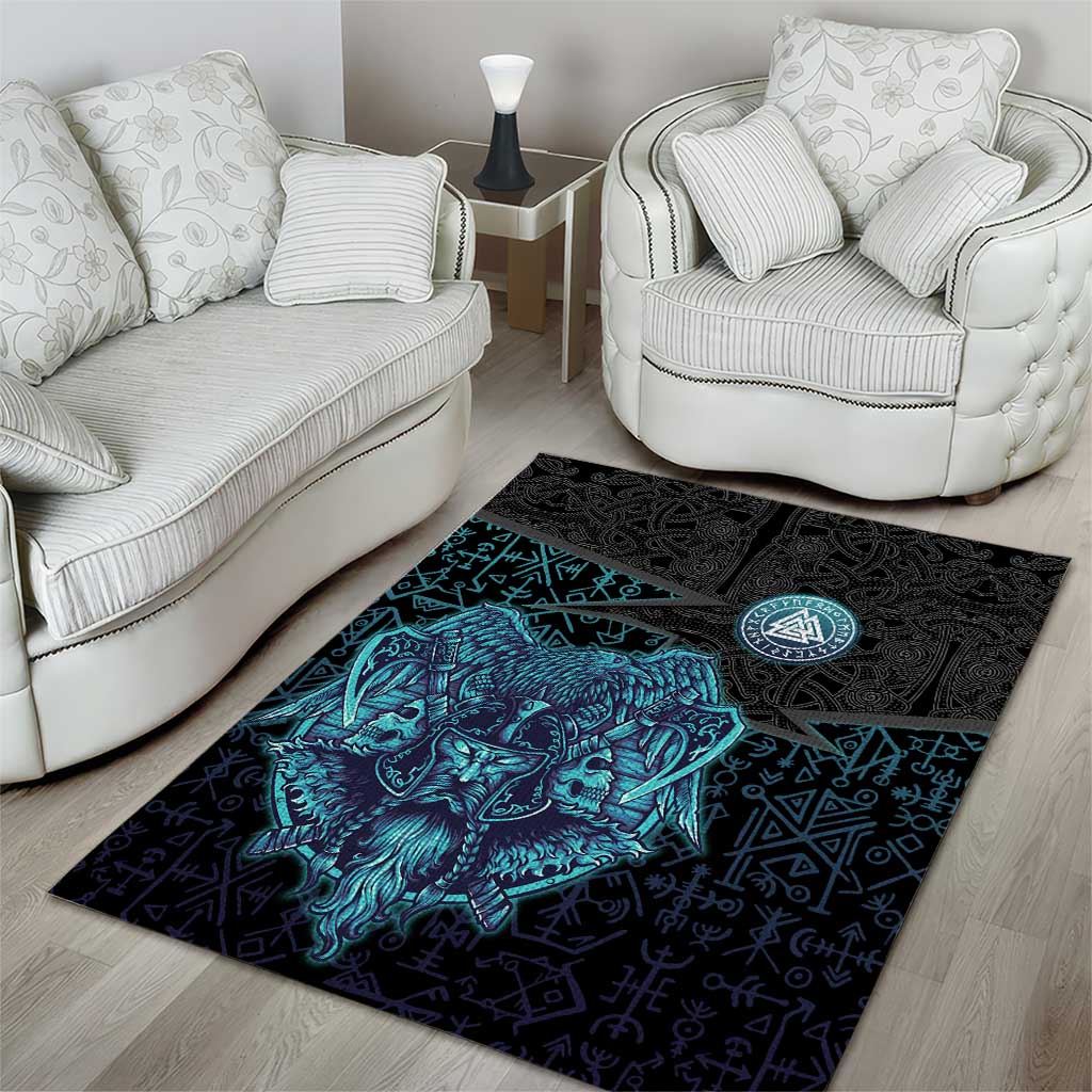 Viking Warrior and Raven Norse Mythology Area Rug Neon Line Art with Rune Patterns