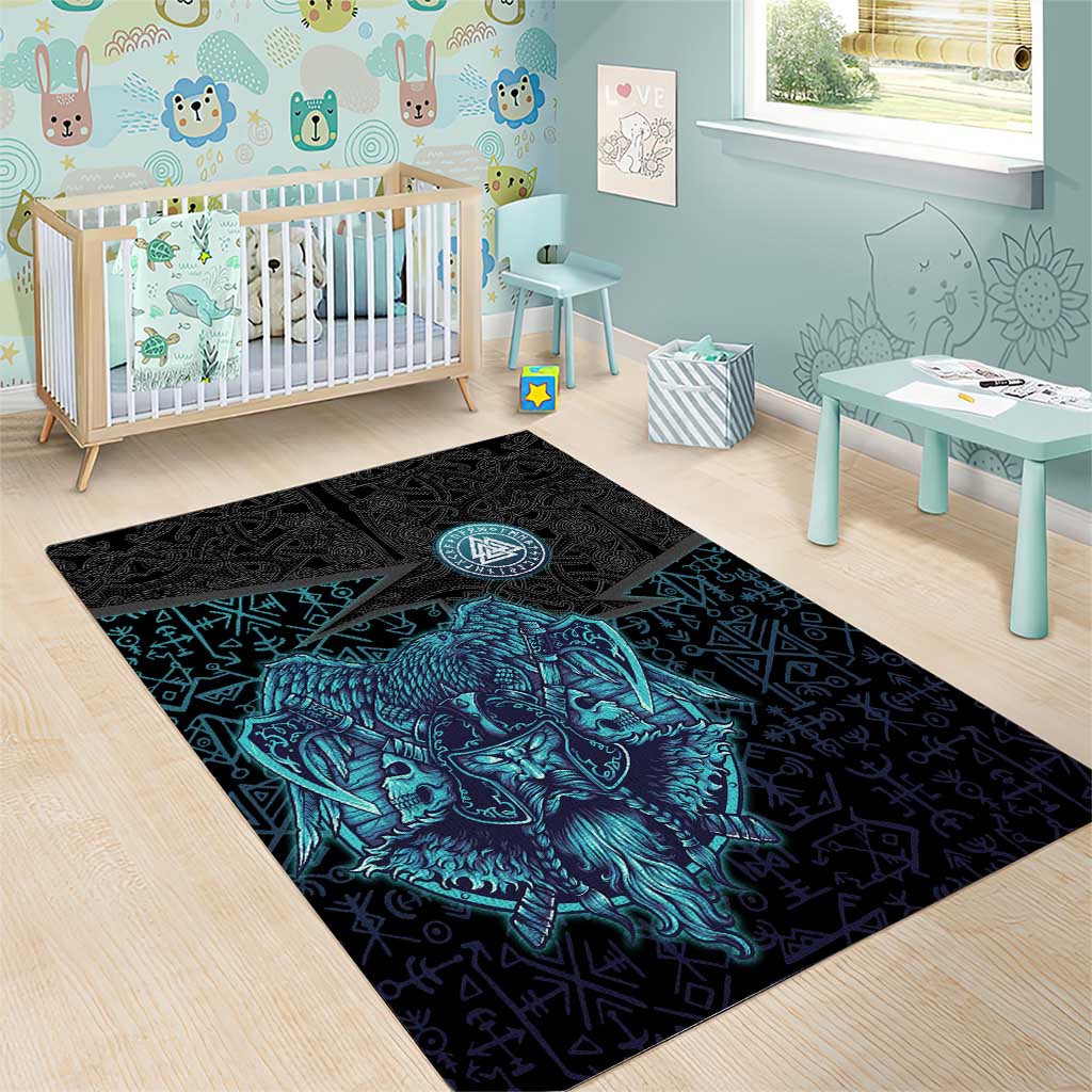 Viking Warrior and Raven Norse Mythology Area Rug Neon Line Art with Rune Patterns