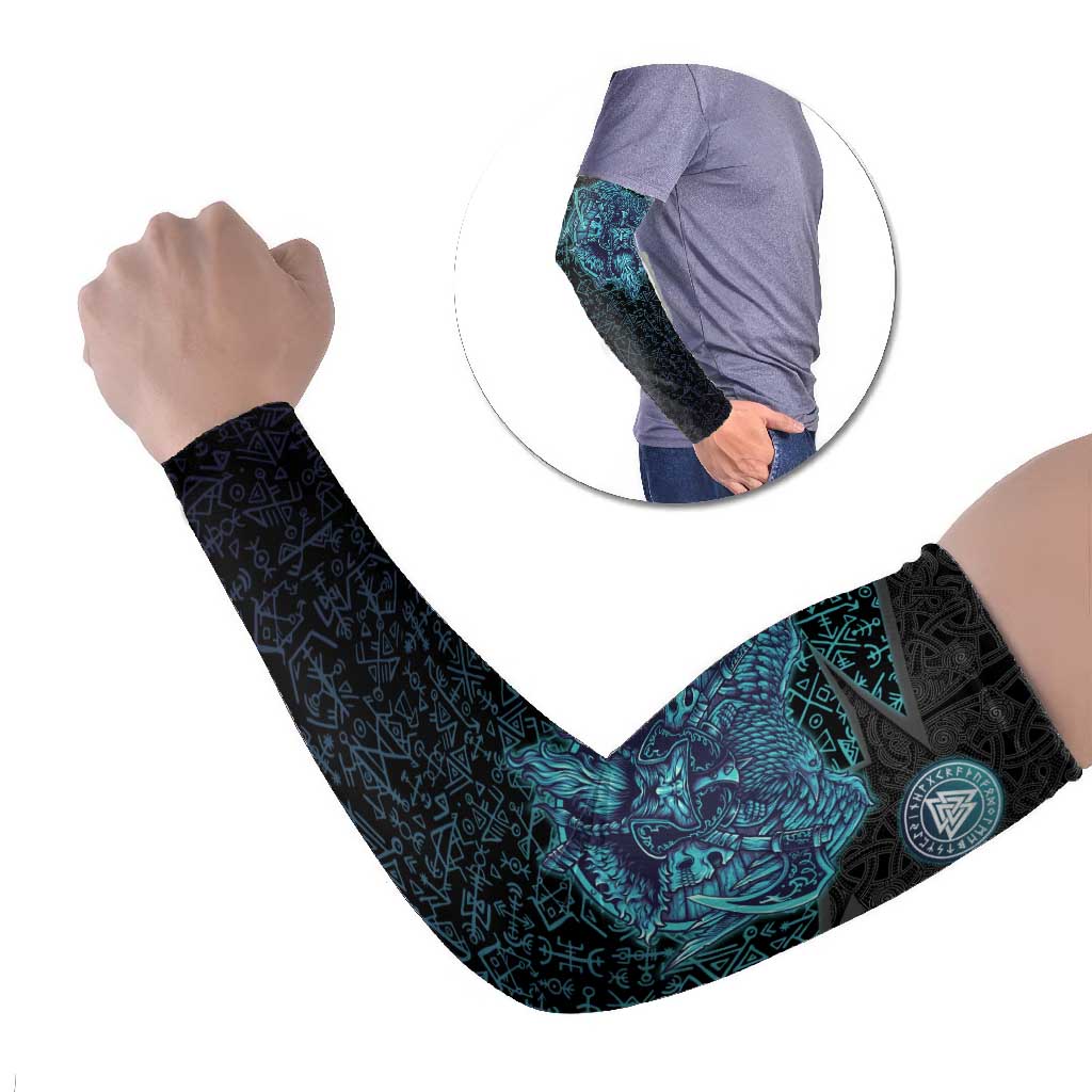 Viking Warrior and Raven Norse Mythology Arm Sleeves Neon Line Art with Rune Patterns