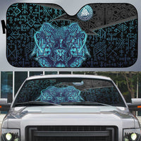 Viking Warrior and Raven Norse Mythology Auto Sun Shade Neon Line Art with Rune Patterns