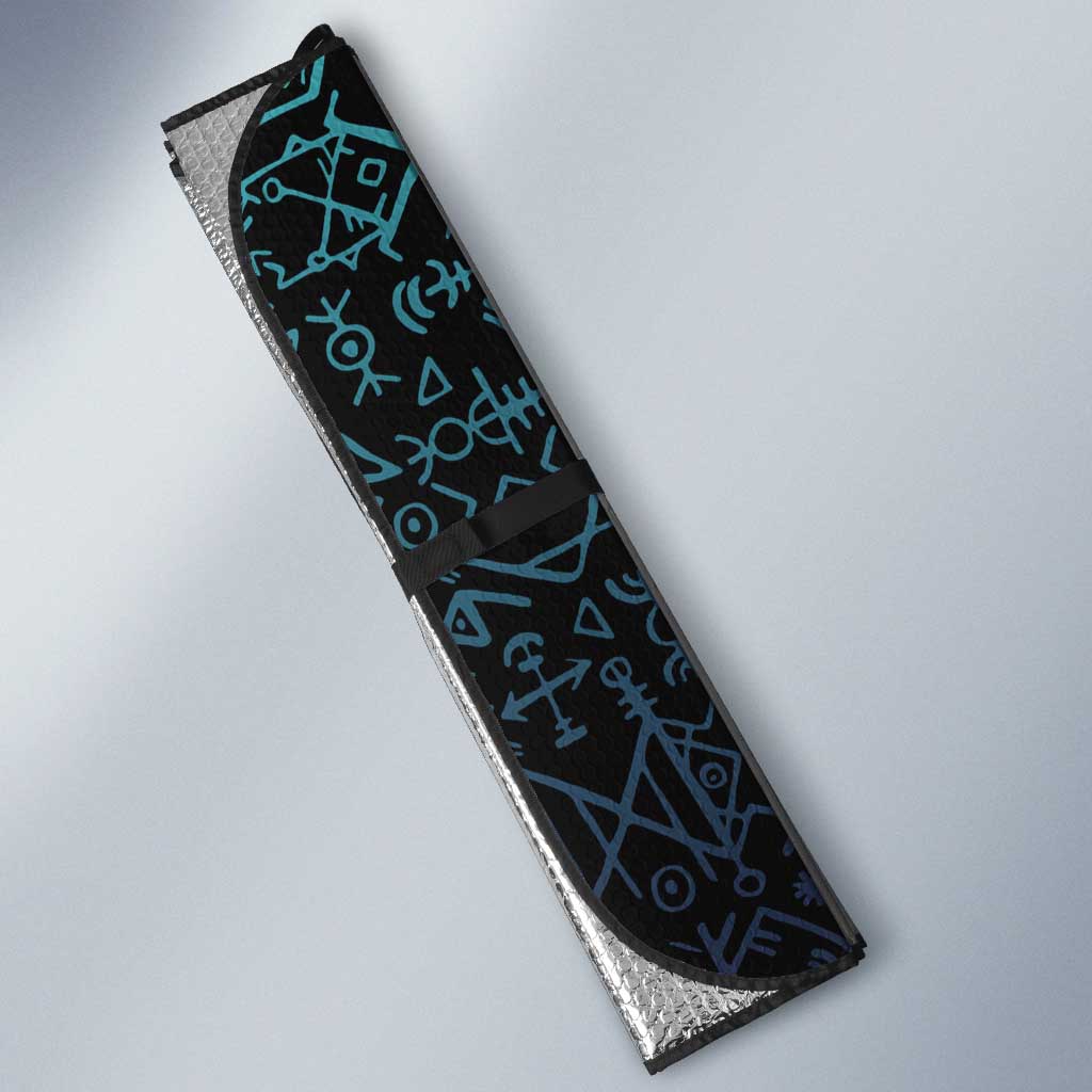 Viking Warrior and Raven Norse Mythology Auto Sun Shade Neon Line Art with Rune Patterns