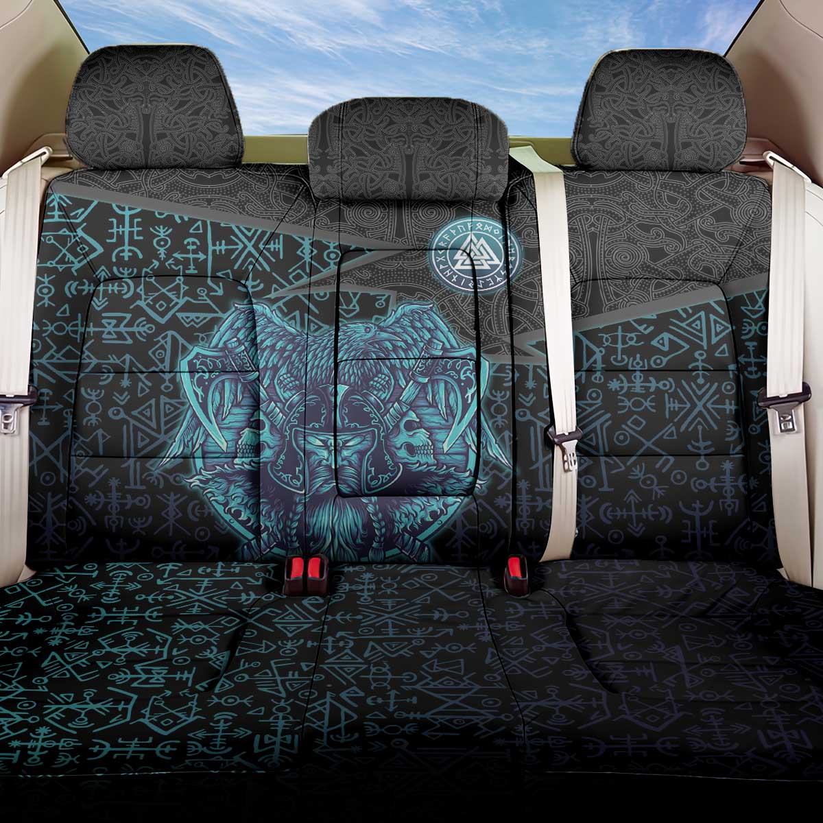 Viking Warrior and Raven Norse Mythology Back Car Seat Cover Neon Line Art with Rune Patterns