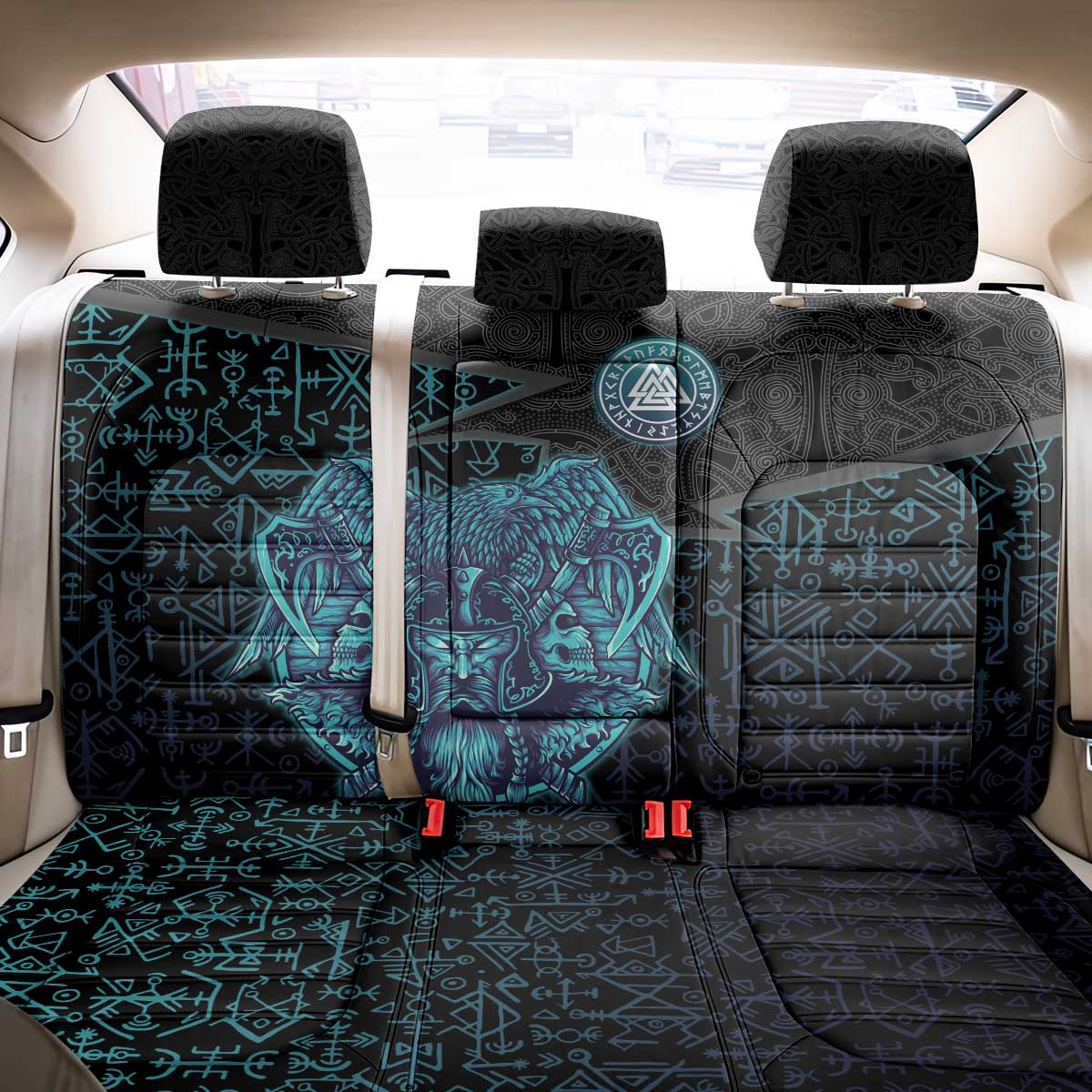 Viking Warrior and Raven Norse Mythology Back Car Seat Cover Neon Line Art with Rune Patterns