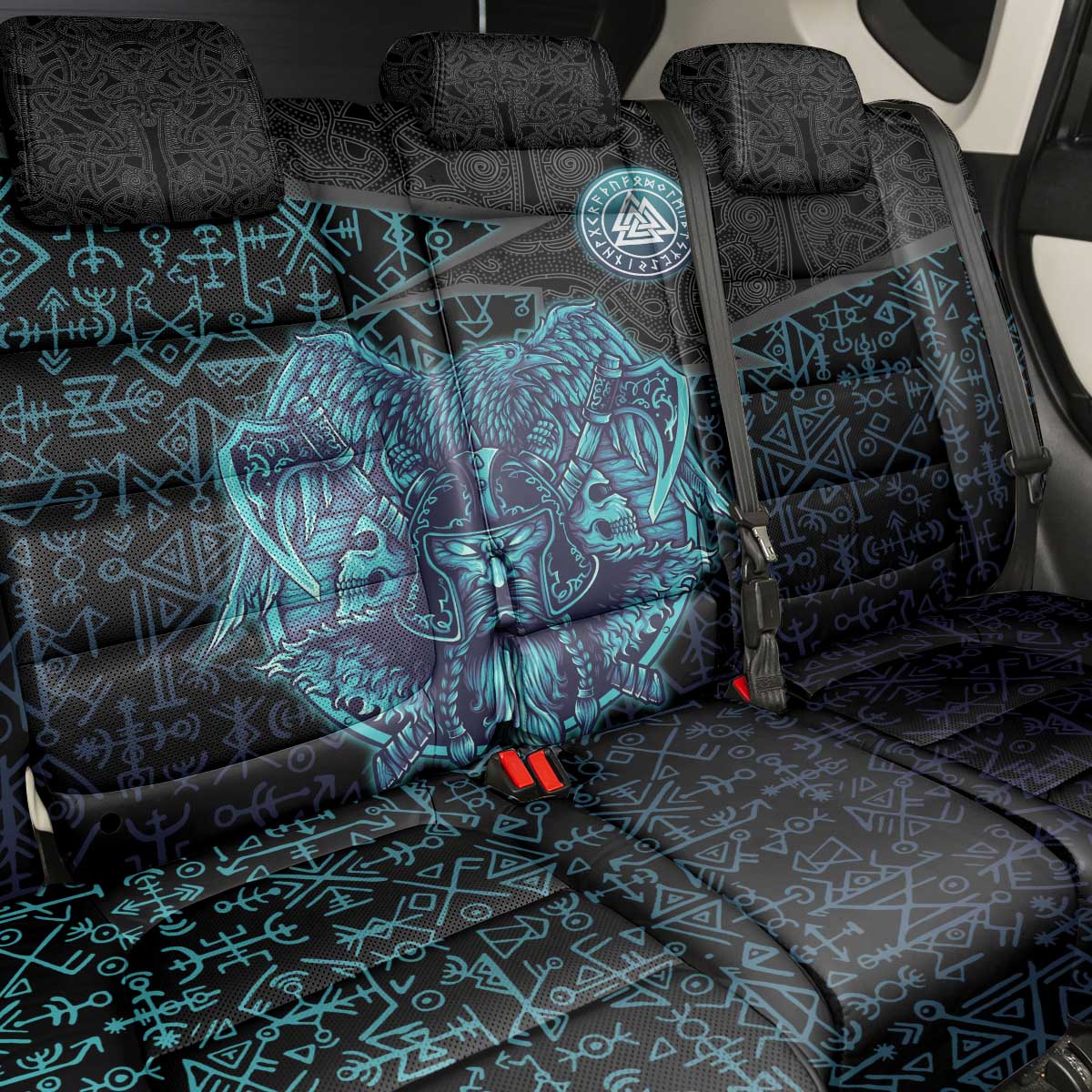 Viking Warrior and Raven Norse Mythology Back Car Seat Cover Neon Line Art with Rune Patterns