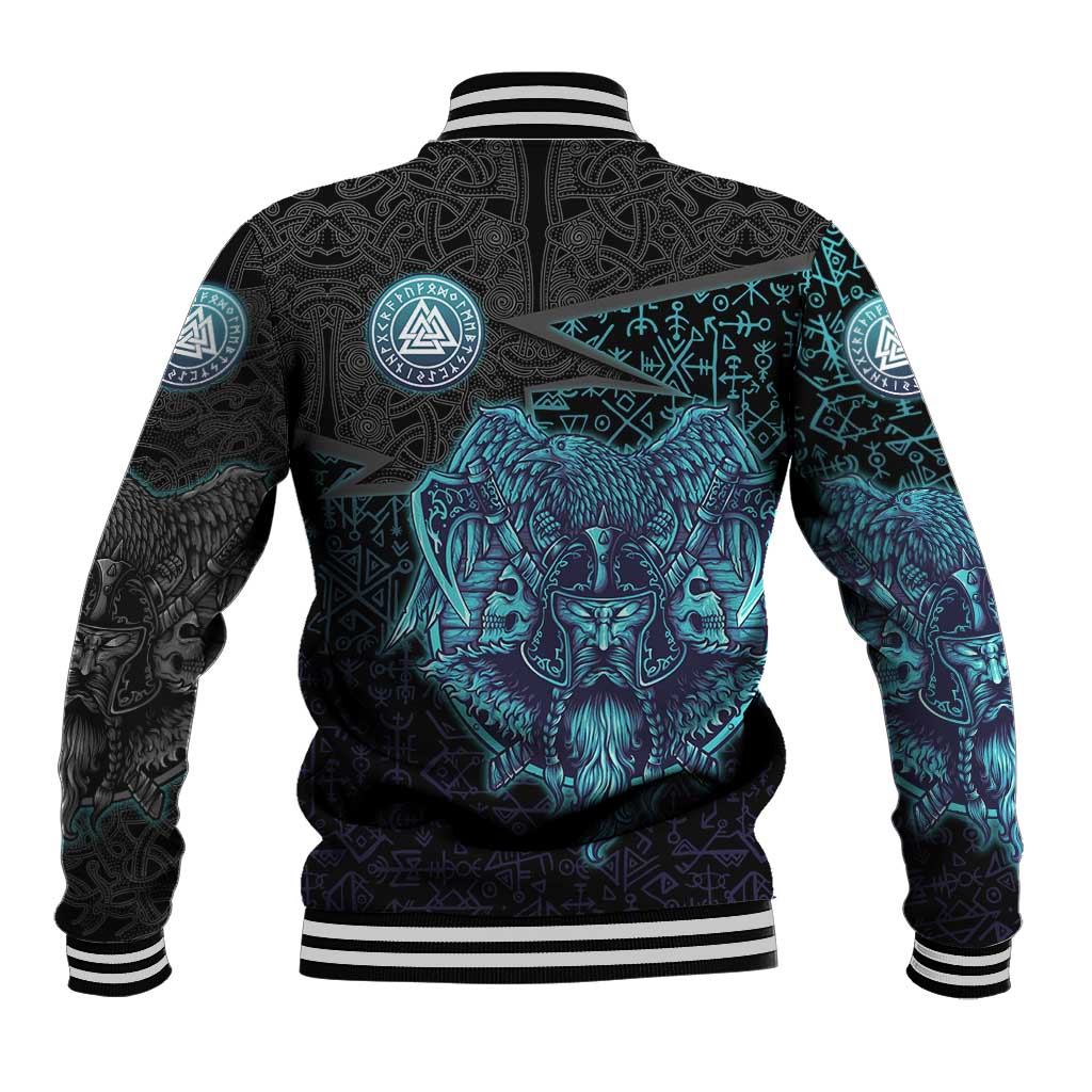Viking Warrior and Raven Norse Mythology Baseball Jacket Neon Line Art with Rune Patterns