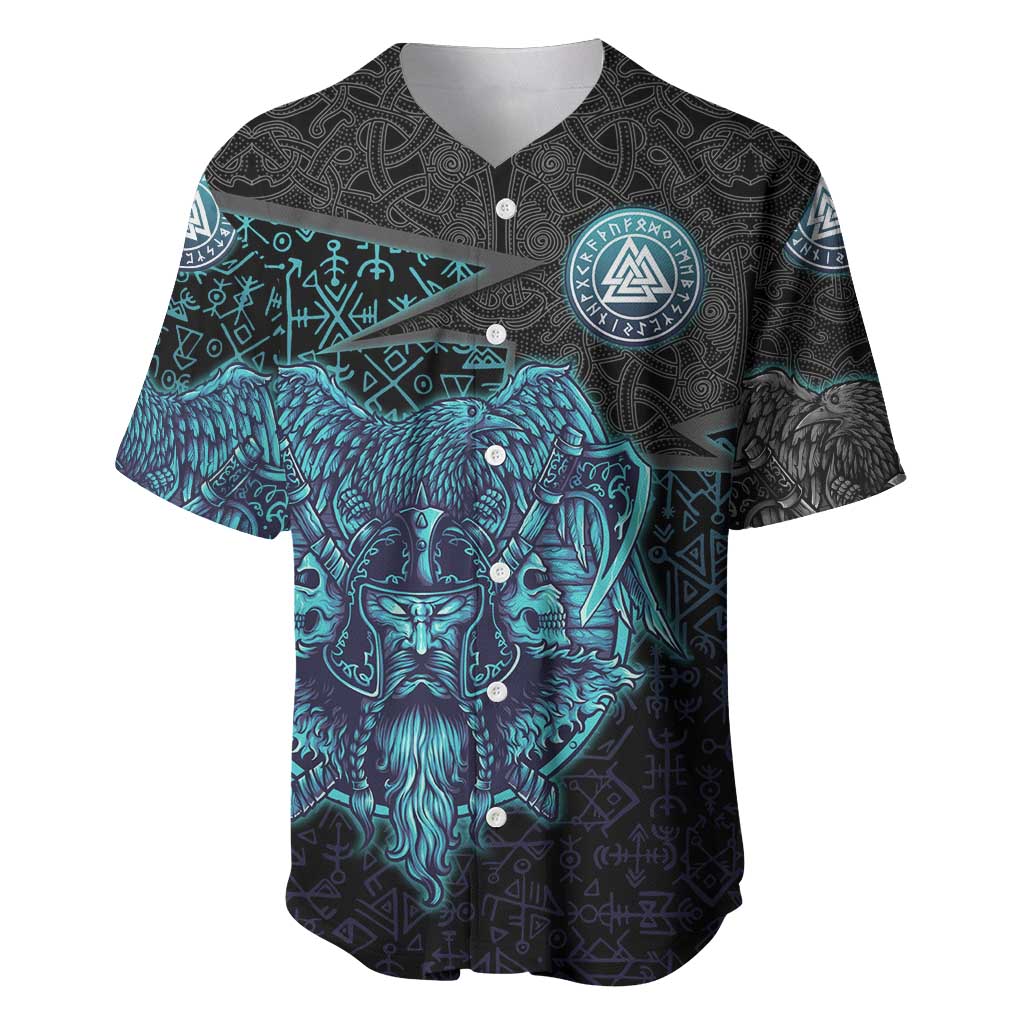 Viking Warrior and Raven Norse Mythology Baseball Jersey Neon Line Art with Rune Patterns