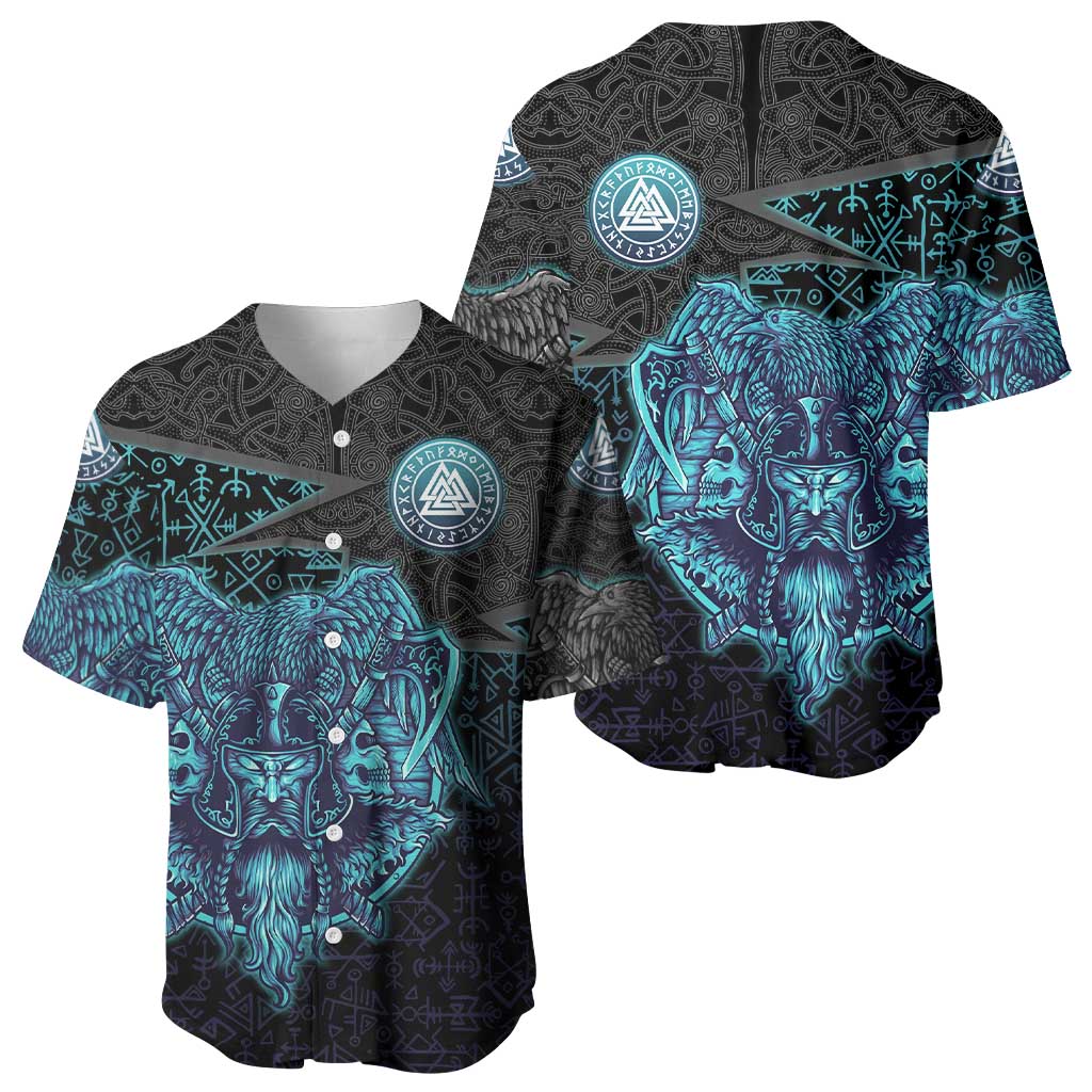 Viking Warrior and Raven Norse Mythology Baseball Jersey Neon Line Art with Rune Patterns
