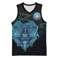 Viking Warrior and Raven Norse Mythology Basketball Jersey Neon Line Art with Rune Patterns
