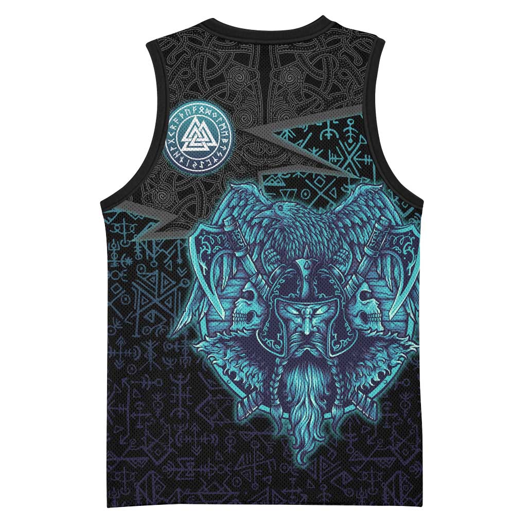 Viking Warrior and Raven Norse Mythology Basketball Jersey Neon Line Art with Rune Patterns
