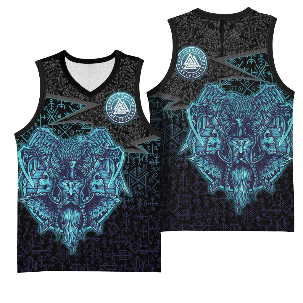 Viking Warrior and Raven Norse Mythology Basketball Jersey Neon Line Art with Rune Patterns