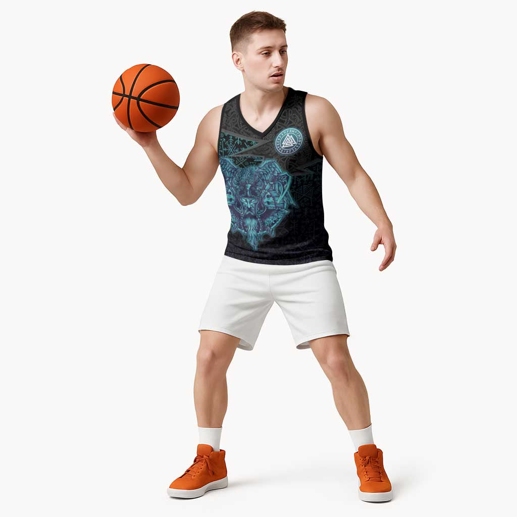 Viking Warrior and Raven Norse Mythology Basketball Jersey Neon Line Art with Rune Patterns