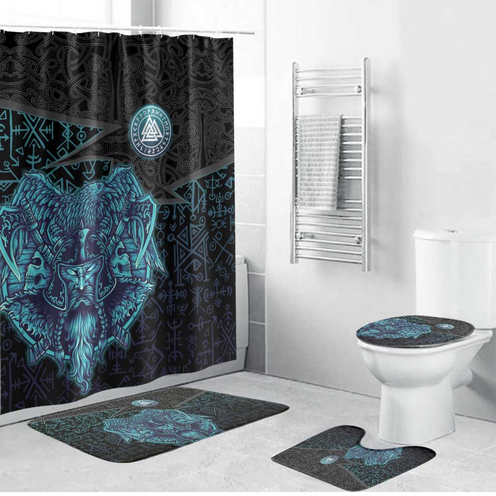 Viking Warrior and Raven Norse Mythology Bathroom Set Neon Line Art with Rune Patterns