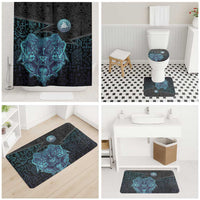 Viking Warrior and Raven Norse Mythology Bathroom Set Neon Line Art with Rune Patterns