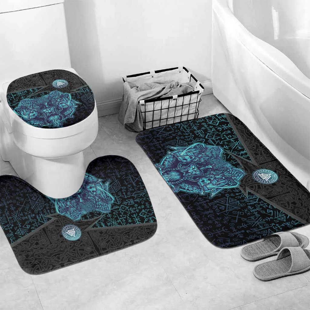 Viking Warrior and Raven Norse Mythology Bathroom Set Neon Line Art with Rune Patterns