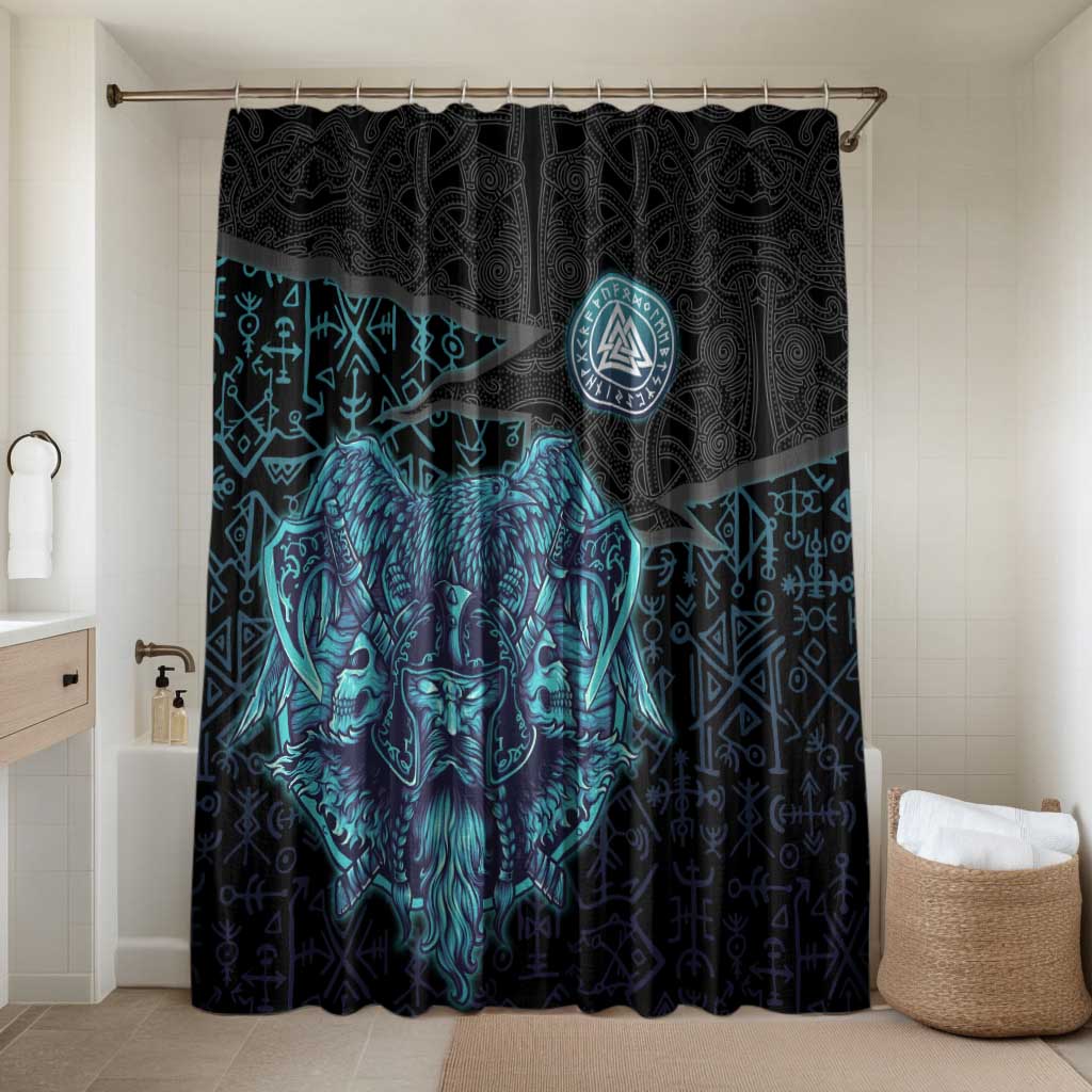 Viking Warrior and Raven Norse Mythology Bathroom Set Neon Line Art with Rune Patterns