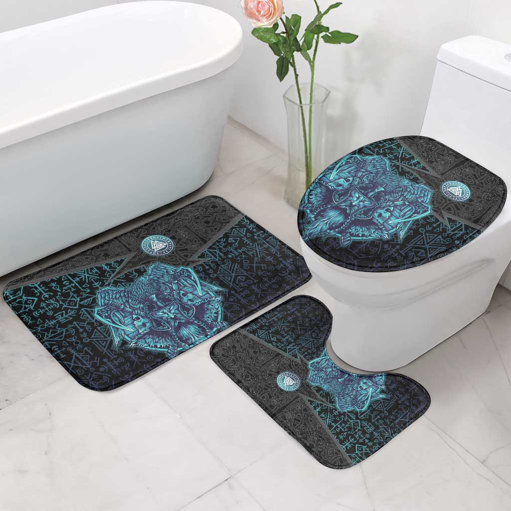Viking Warrior and Raven Norse Mythology Bathroom Set Neon Line Art with Rune Patterns