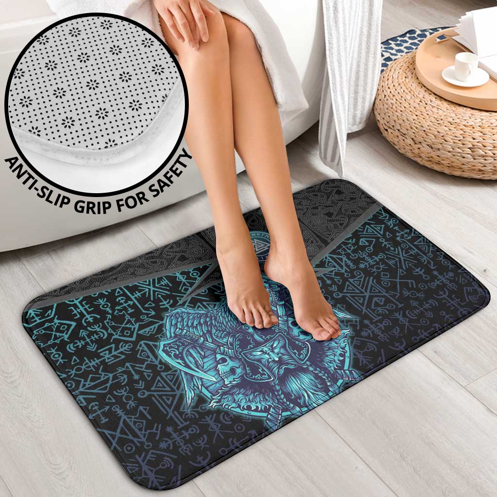 Viking Warrior and Raven Norse Mythology Bathroom Set Neon Line Art with Rune Patterns