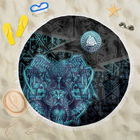 Viking Warrior and Raven Norse Mythology Beach Blanket Neon Line Art with Rune Patterns