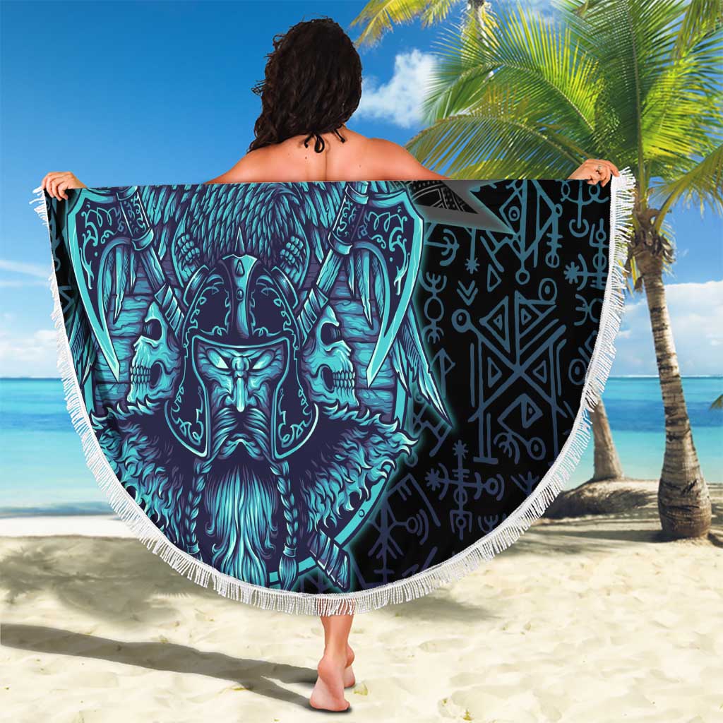 Viking Warrior and Raven Norse Mythology Beach Blanket Neon Line Art with Rune Patterns