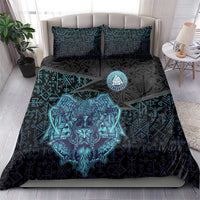 Viking Warrior and Raven Norse Mythology Bedding Set Neon Line Art with Rune Patterns