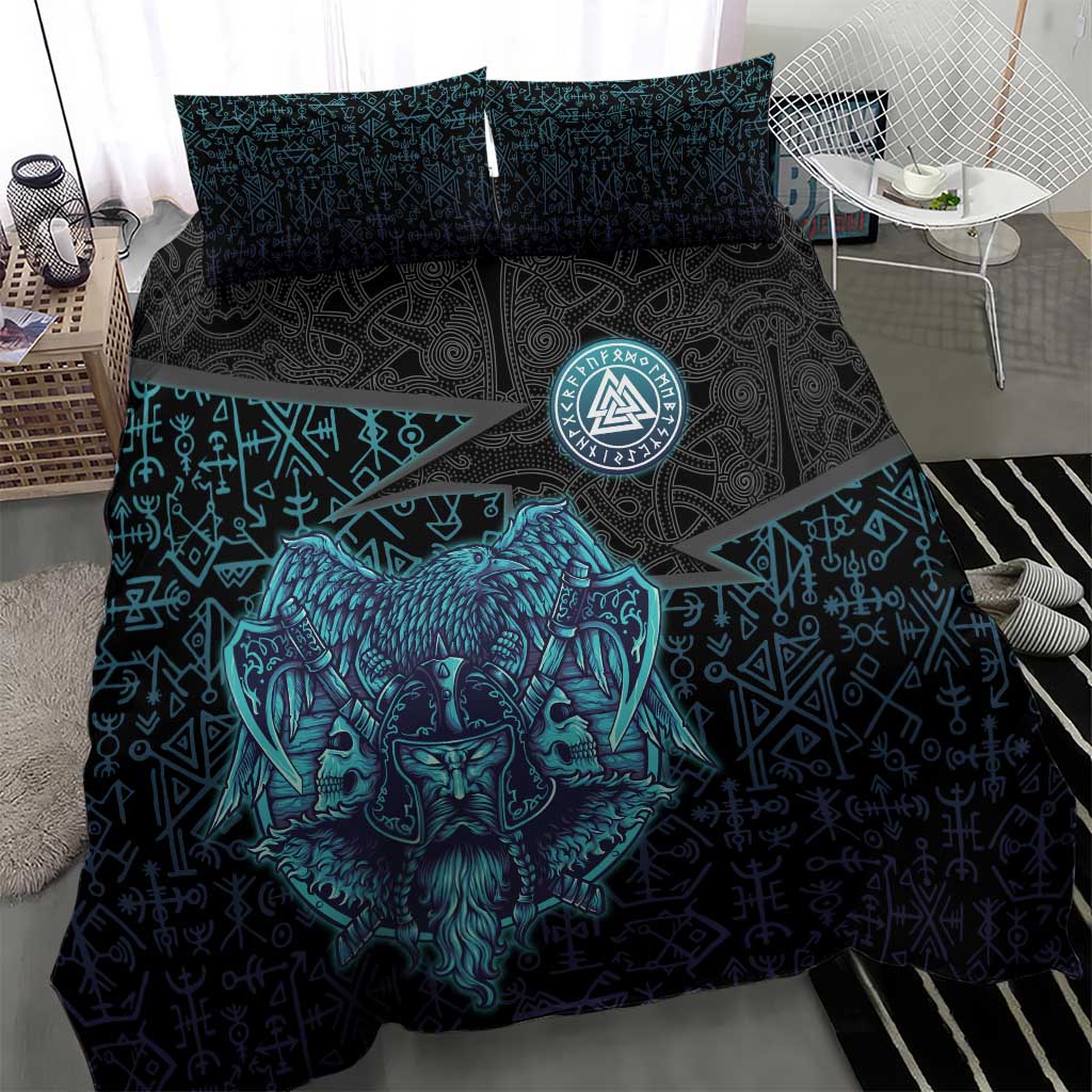 Viking Warrior and Raven Norse Mythology Bedding Set Neon Line Art with Rune Patterns