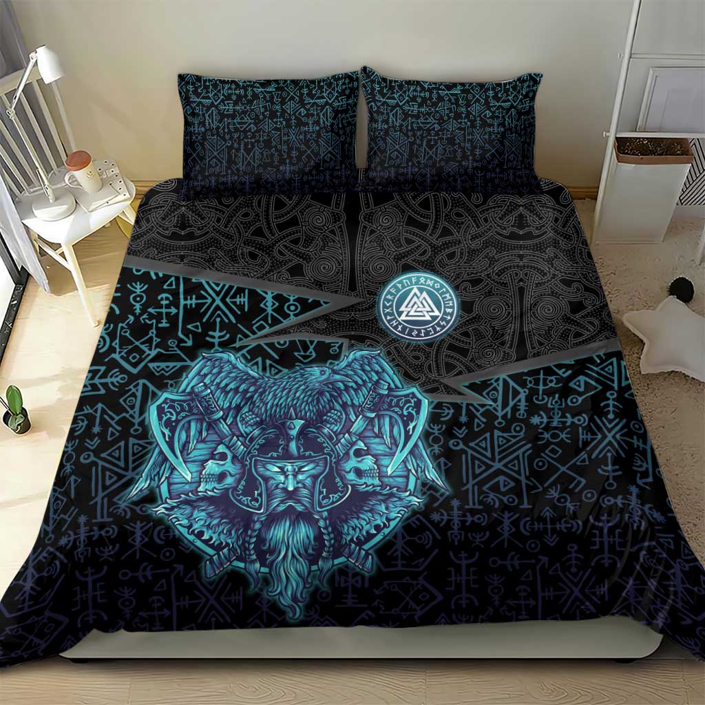 Viking Warrior and Raven Norse Mythology Bedding Set Neon Line Art with Rune Patterns