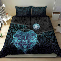 Viking Warrior and Raven Norse Mythology Bedding Set Neon Line Art with Rune Patterns