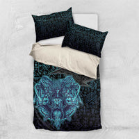 Viking Warrior and Raven Norse Mythology Bedding Set Neon Line Art with Rune Patterns