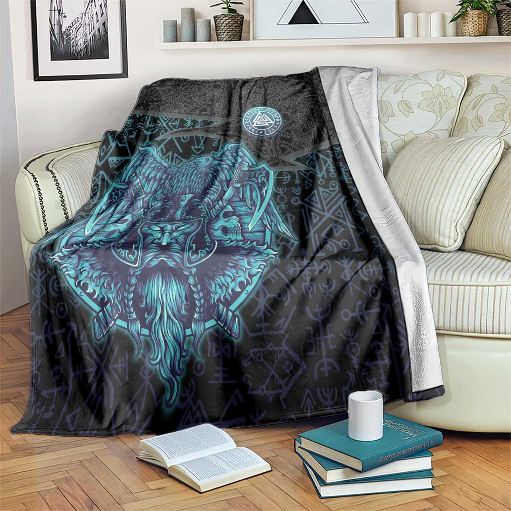 Viking Warrior and Raven Norse Mythology Blanket Neon Line Art with Rune Patterns