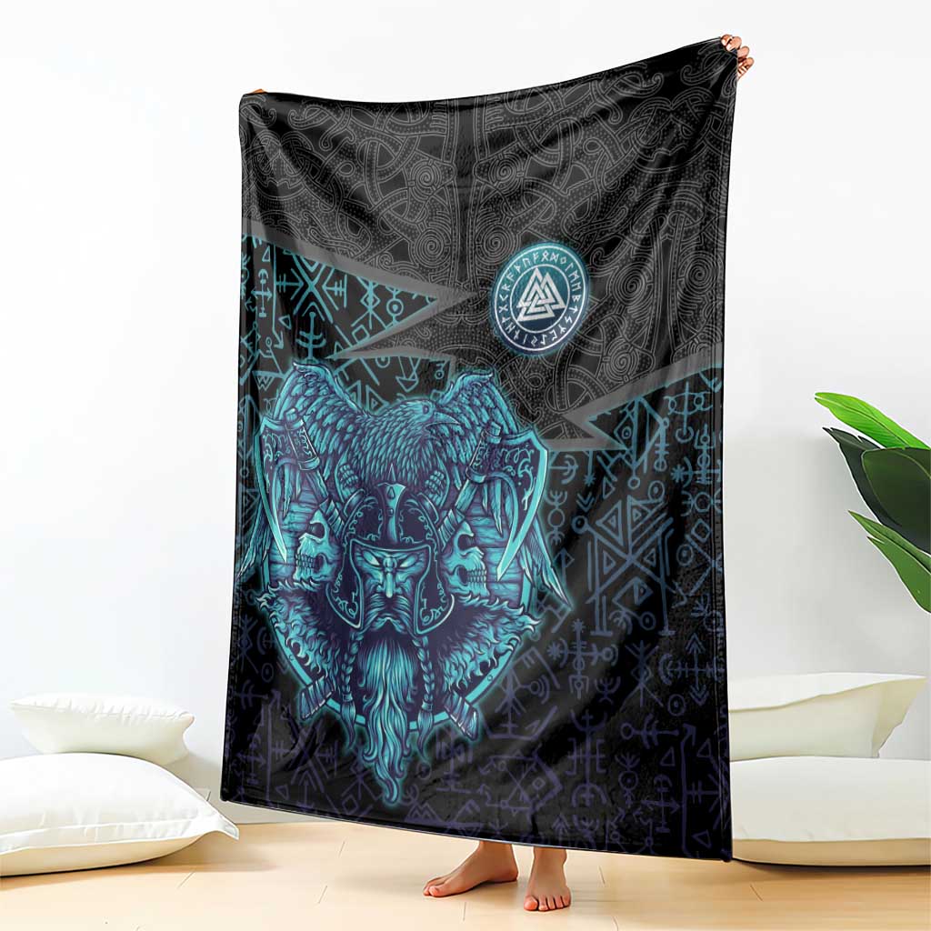 Viking Warrior and Raven Norse Mythology Blanket Neon Line Art with Rune Patterns
