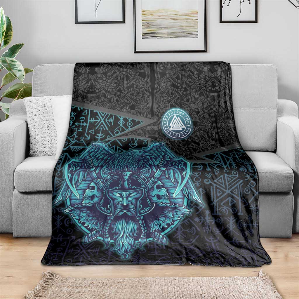 Viking Warrior and Raven Norse Mythology Blanket Neon Line Art with Rune Patterns