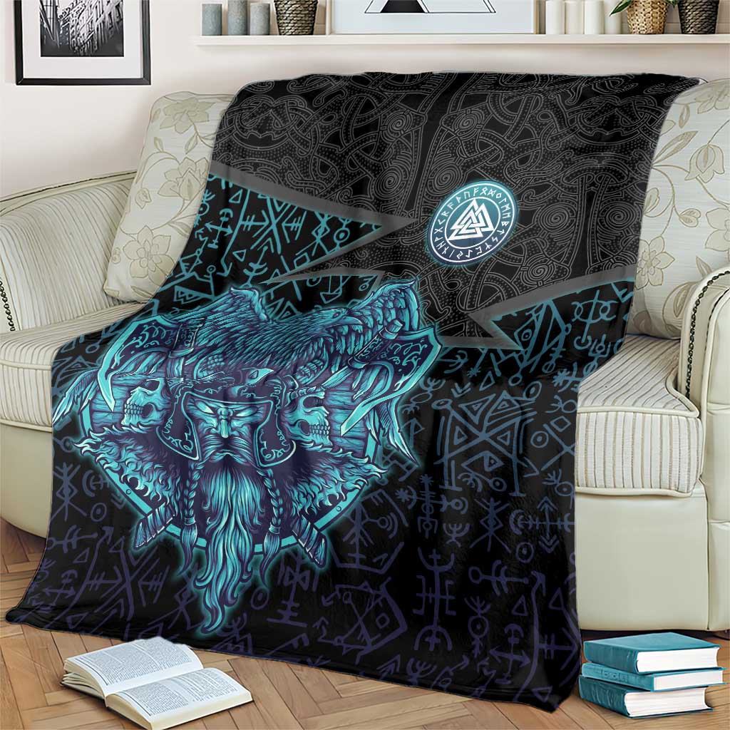 Viking Warrior and Raven Norse Mythology Blanket Neon Line Art with Rune Patterns